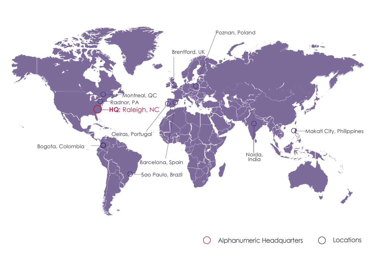 Purple map of the world with Alphanumeric locations.