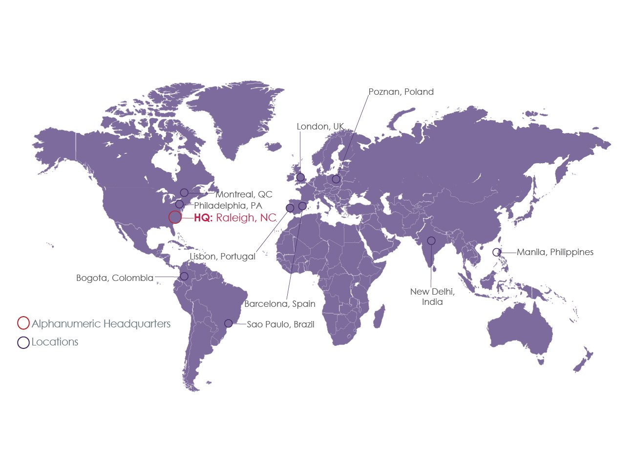 Map showing all the locations where an Alphanumeric office is located.